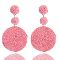 Boho Raffia Ball Earrings for Women, Handmade Statement Drop Earrings Straw Dangle Earrings Beach Vacation Jewelry - color: Pink