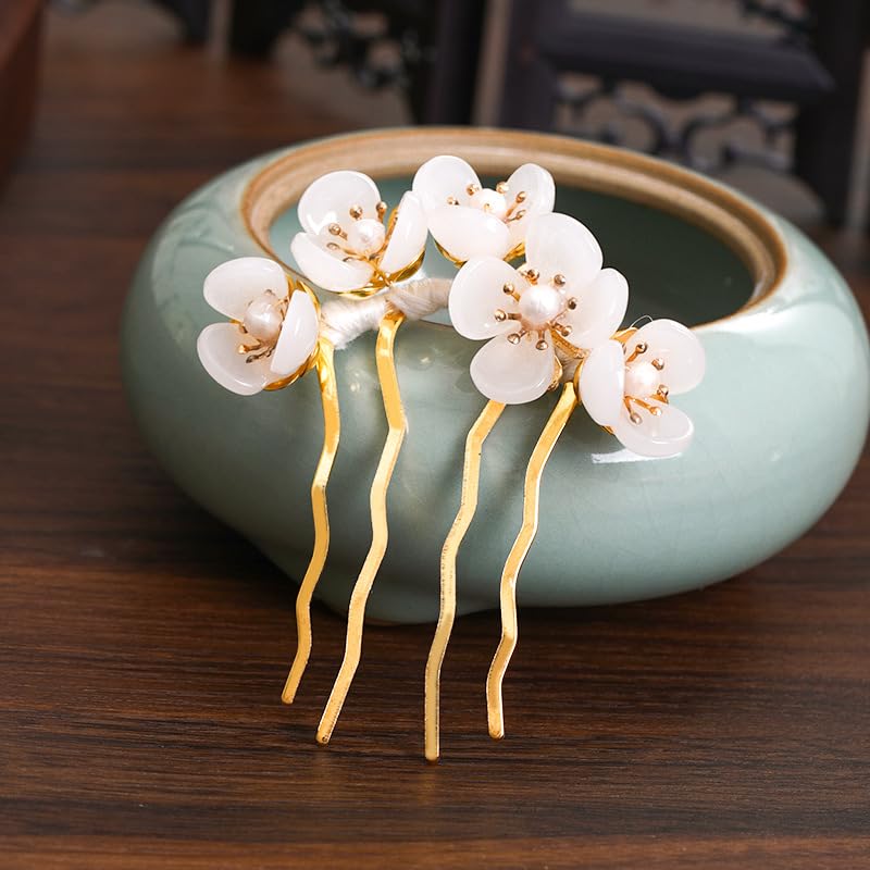 2pcs Retro Chinese Hanfu Wedding Brides Hair Accessories, Camellia Flower Tassels Hairpin, Crystal Rhinestone Pearl Hair Clips Headpiece, White - color: 2 white