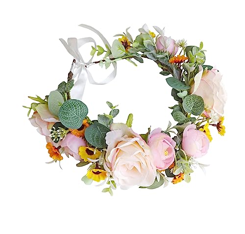 Vivivalue Floral Crown Bridal Flower Headband Hair Wreath Floral Headpiece Halo Boho with Ribbon Wedding Party Festival Photos - color: 5