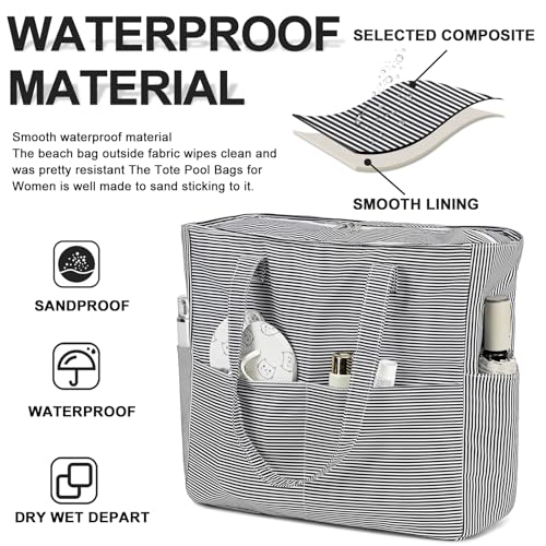 Bluboon Waterproof Beach Tote Pool Bags for Women Ladies Extra Large Carry On Bag With Wet Compartment for Weekender Travel - color: Black White Fine Stripes