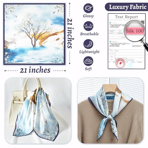 100% Mulberry Silk Neck Scarf 21''x21'' Small Square Hair Scarf for Women Men Lightweight Bandana Envelope Package - color: Oil Painting- Blue