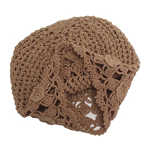 ZLYC Women Cotton Crochet Slouchy Beanie Hat Handmade Knit Summer Skull Cap - color: Flowers Light Brown