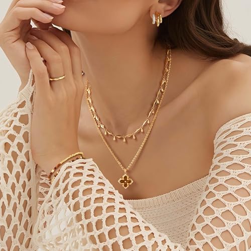 Fettero Dainty Gold Necklace for Women - Double Sided Pendant Necklace 14K Gold Plated Charm Clover Necklace Jewelry for Valentine's Day - color: Brownish yellow