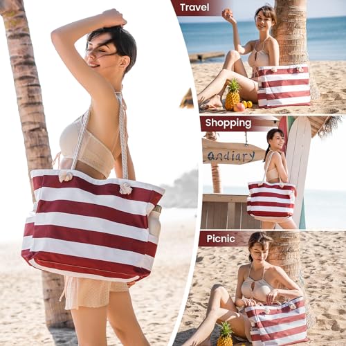 Clothirily Beach Bag for Women - Large Beach Tote Bag, Waterproof Sandproof Beach Bag with Zipper, Large Swim Pool Beach Tote - color: Red