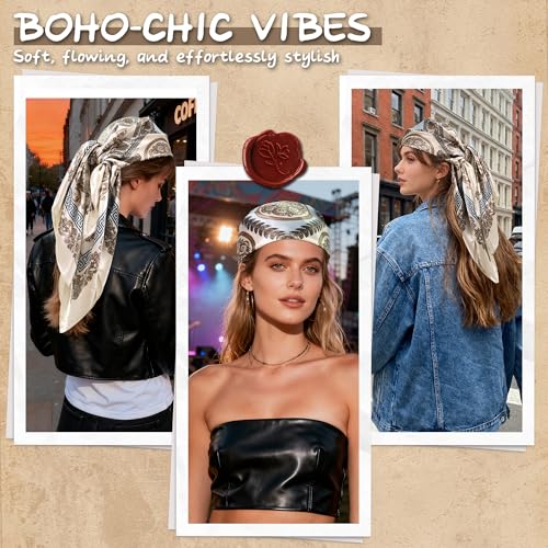 Large Square Head Scarf Bandana - 35" Satin Hair Scarf for Women Like Silk Scarf Fashion Hair Wrapping - color: Filigree Frame(white/Blue), size: 35IN*35IN