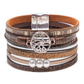 Leather Wrap Bracelet for Women, Boho Cuff Bracelet with Strong Clasp, Multi-Layer Crystal Leather Bracelet for Valentine Mother's Day - color: 02-Tree of Life-Brown