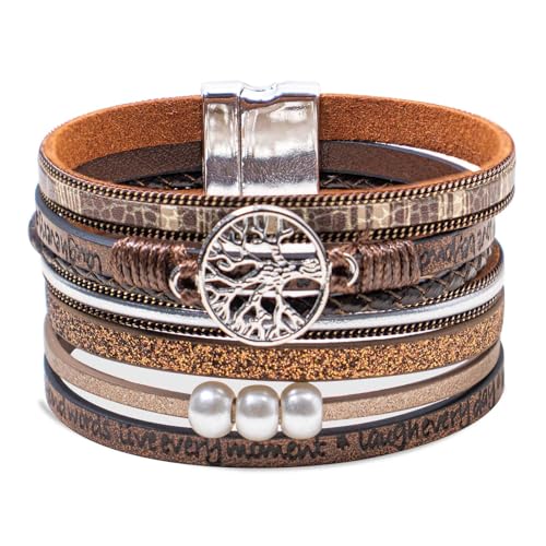 Leather Wrap Bracelet for Women, Boho Cuff Bracelet with Strong Clasp, Multi-Layer Crystal Leather Bracelet for Valentine Mother's Day - color: 02-Tree of Life-Brown