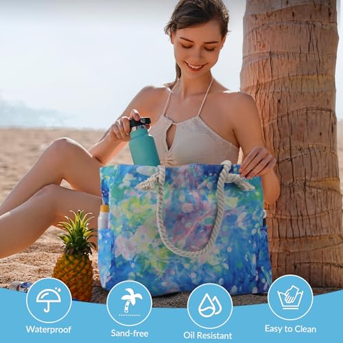 Clothirily Beach Bag for Women - Large Beach Tote Bag, Waterproof Sandproof Beach Bag with Zipper, Large Swim Pool Beach Tote - color: Tie Dye Blue