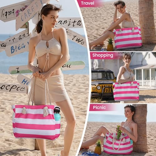 Clothirily Beach Bag for Women - Large Beach Tote Bag, Waterproof Sandproof Beach Bag with Zipper, Large Swim Pool Beach Tote - color: Hot Pink