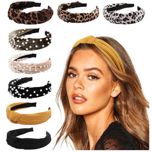 DRESHOW 8 Pack Knotted Headbands for Women Wide Turban Headband Yoga Exercise Ribbing Hair Hoop Hair Bands Accessories - color: 8 pcs: Ribbing, Pearl, Leopard Print B
