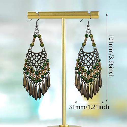 Handmade Vintage Bronze Bohemian Long Tassel Colorful Bead Dangle Drop Earrings Big Tribal Chandelier Geometry Hook Earrings for Women Statement Jewelry Gifts - color: Green