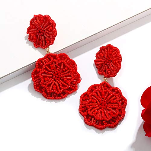 Statement Beaded Drop Earrings for Women Layered Bead Dangle Earrings - color: Red