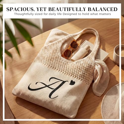 Shinylin Personalized Crochet Tote Bag for Beach Women Beige Mesh Knit Shoulder Bag Boho Aesthetic Tote for Women - style: Letter a