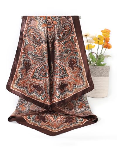 CHLINS 35" Satin Square Hair Scarf Bandanas - 3Pcs Large Silk Head Scarves Lightweight Sleeping Hair Wraps for Women - color: Brown+black+blue