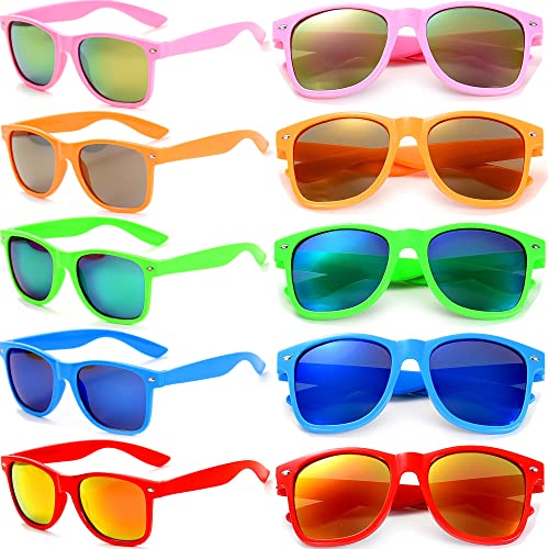 Eyegla Sunglasses Bulk Party Sunglasses Pack 80s Shades Eyewear Set for Men Women 8/10/20/30Pack - color: Neon Frame+mix Mirror Lens 10 Pack