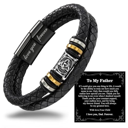 Mens Leather Bracelet,Black Stainless Steel Double-Row Braided Black Stainless Steel Love You Forever Engraved,Baptism Easter Day Gift for Men Son & Grandson - style: For Father