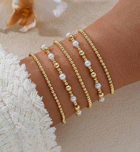 Gold Beaded Bracelets for Women, 14K Real Gold Plated Jewelry for Women Dainty Pearl Bead Bracelets Stack, Non Tarnish Trendy Stackable Ball Cross Stretch Bracelet Set Fashion Accessories Gifts - color: Gold pearl small bead