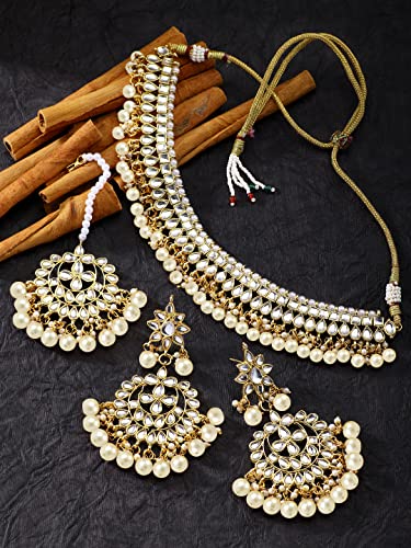 Aheli Faux Kundan Beaded Necklace Earrings Maang Tikka Indian Bollywood Ethnic Jewelry Set Gift for Women - color: White