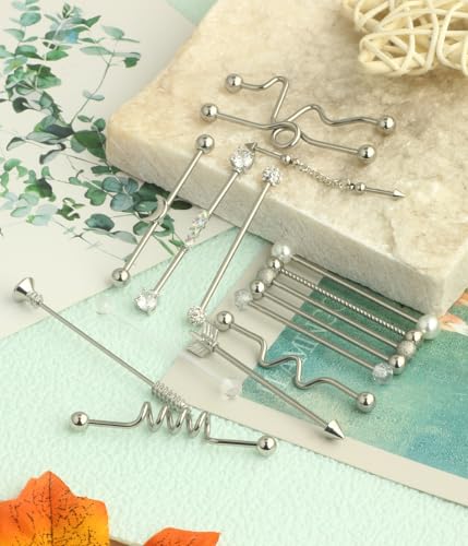 Suotarn 14G Industrial Piercing Jewelry For Women Men Stainless Steel 38 Industrial Barbell Long Cartilage Helix Conch Earrings Stud 14G Gauges Industrial Jewelry Butterfly Heart Cool 7-18pcs - color: mix style 17pcs