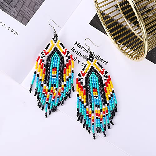 Long Beaded Tassel Earrings - Bohemia Colorful Bead Handmade Beaded Tassel Earrings，Gifts and Christmas - color: Classic blue