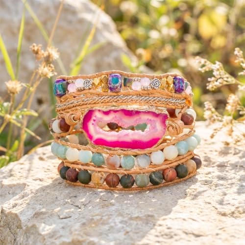 YGLINE Natural Stone Beaded Healing Wax String 5 Wraps Bracelets - color: agate 2