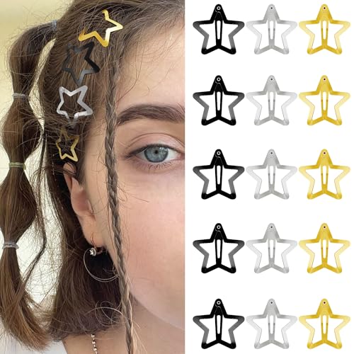 Star Hair Clips 2000s Y2K Snap Hair Barrettes Non Slip Star Hair Accessories Black Gold Silver Metal Hair Clips for Girls Women -15 PCS 1.18" - color: 50 P - 1.18"-black,gold,silver