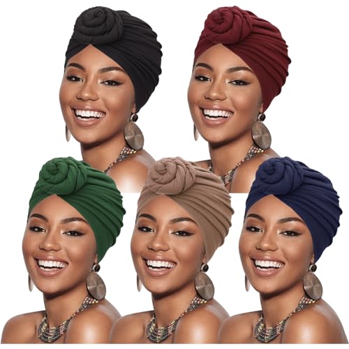 DRESHOW 5 Pack Knotted Headwraps for Women African Turban Pre-Knotted Beanie Headwraps Hair Covers - color: 5 Pack Donuts: Tan, Black, Navy, Green, Wine