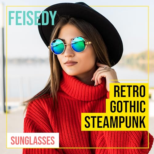 FEISEDY Retro Gothic Steampunk Sunglasses Round Metal Frame Punk Circle Inspired Shade Men B1857 - color: Gold/Green Mirror