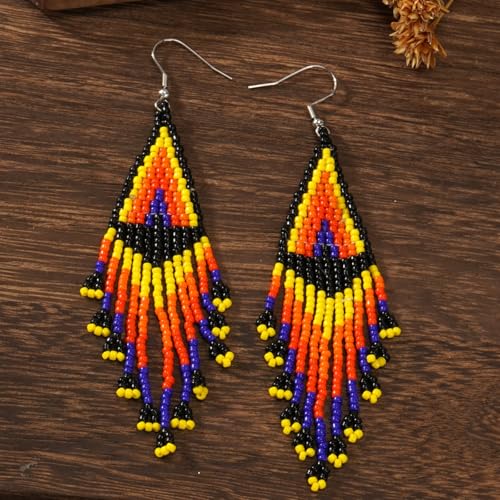 Bohemian Beaded Long Tassel Dangle Earrings for Women, Handmade Jewelry White Tarnish Resistant Lightweight Design, Stylish Accessory for Beach Vacation Party and Gift - color: Orange