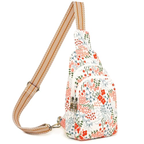 SILKAREA Canvas Sling Bag for Wome Crossbody Purse Small Sling Backpack Purse Travel Hiking Chest Bag Daypack - color: Embroidered White