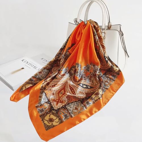 Large Square Head Satin Scarf Silk Feeling Hair Scarf 35"Head Scarves Bandana for Women Headscarfs for Women's Hair - color: C1-orange