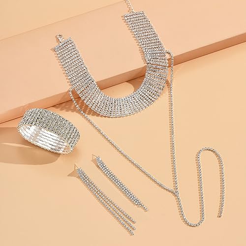 EIELO Rhinestone Jewelry Set for Women Wedding Bridal Triangle Clutch Bag Silvery Clutch Purse Glitter Choker Necklace Tennis Stretch Bracelets Ring Dangle Fringe Earrings Set - style: Silvery Clutch Purse
