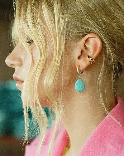 Gold Plated Huggie Hoop Earrings with Charms Fashion Pearl Drop Dangle Earrings for Women Handmade Karma Circle Jewelry for Ladies Lightweight Pearl Earrings on Christmas - color: turquoise-teardrop