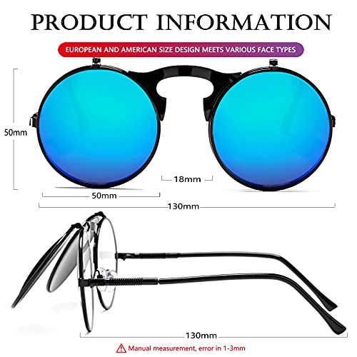 AIEYEZO Round Flip Up Sunglasses for Men and Women Rave Flip Glasses 90's Retro Steampunk Style - color: Black/Ice Blue Mirror