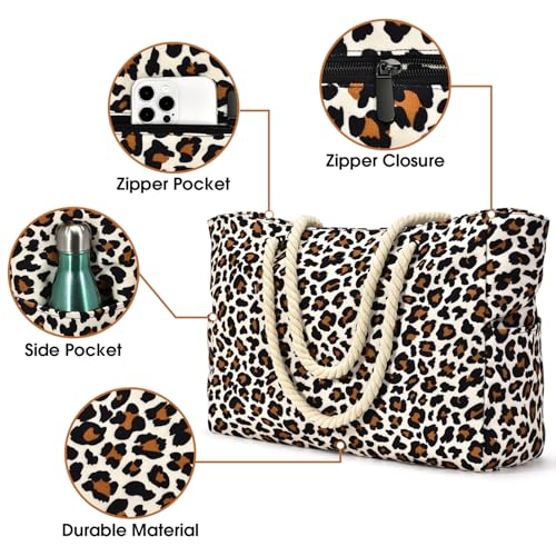 Becokan Beach Bag Large Beach Tote Bag for Women Waterproof Sandproof Swim Pool Bag With Zipper - color: Leopard