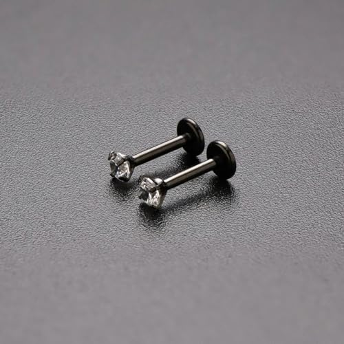 16G 18G Titanium Internal Thread CZ Stud Earrings Flat Back, Silver Black Tragus Helix Conch Cartilage Piercing Jewelry for Women Men 6mm 8mm 10mm Labret Studs 2PCS - color: Black, 16g, 10mm bar, 3mm White CZ
