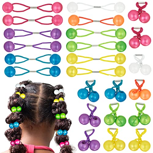 24pc Marble Finish Twin Bead Ponytail Ball Hair Elastics-Girls & Toddlers | Brightly Colored Hair Ties for Girls & Toddlers. Fun Kids Hair Accessories. Colorful Ponytail Balls Cute - color: Glossy
