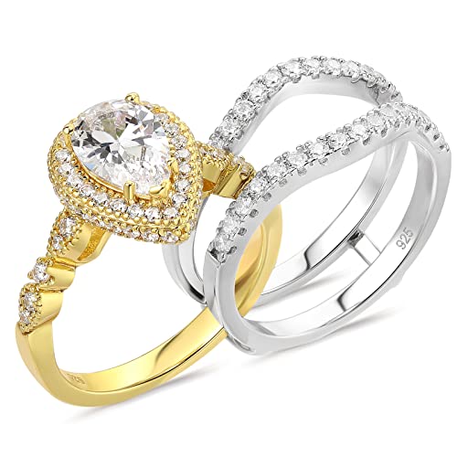 Newshe Jewellery Wedding Rings for Women Bridal Sets Sterling Silver Engagement Ring Enhancer Pear Cubic Zirconia Anniversary Promise Band Size - color: Cubic Zirconia-18k Yellow Gold Plated