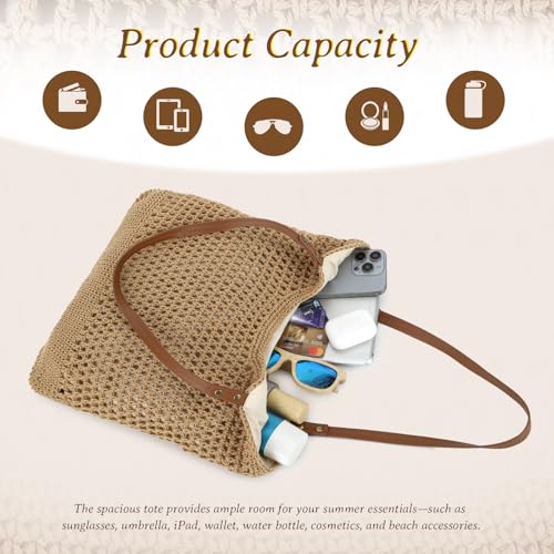 GOKTOW Crochet Beach Bag Women Woven Tote Handbag Casual Boho Bags Large Shoulder Purse For Summer Vacation Travel - color: Brown