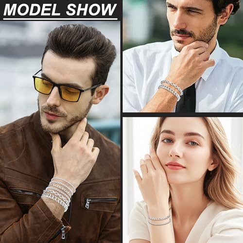6PCS Stainless Steel Bracelets for Men Women, Silver Gold Black Cuban Link Rope Box Wheat Chain Paperclip Figaro Jewelry Set, 7/8/9 Inches - color: Silver, size: 7 inches