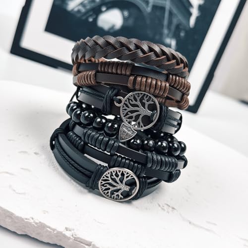 Punk Braided Leather Bracelets for Men Women Gothic Wood Beaded Tribal Wrap Wristband Grunge Emo Multilayer Adjustable Mens Bracelet in Black Brown Fathers Day Gift - color: Tree