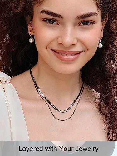 FOCALOOK 14K Gold Plated Necklaces for Women, Fashion Herringbone Choker Necklace Stainless Steel Flat Snake Chain 3/5MM(W) 12.5"/15"/18"+3.5"(L) - color: 3MM-Black-15"