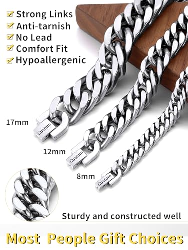 ChainsHouse Stainless Steel Cuban Link Bracelet, 8mm/12mm/17mm Width, 7.5"/8.3"/9", 18K Gold Plated Chain Wrist Bracelets for Men Women, Send Gift Box - color: P: Steel-8mm width-custom