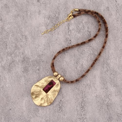 Boho Necklace for Women Adjustable Silicone Rope with Gold Beaded Pendant Chunky Handmade Vintage Jewelry - style: Leopard Red Stone Necklace