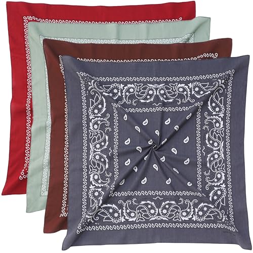 Mochabao 100% Cotton 27" x 27" Large Bandanas for Men & Women, Multi-Purpose Bandana Headbands, Square Head Scarf - color: Red/Gray/Brown/Sage Green