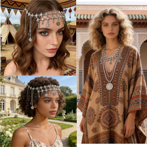 Silver Coin Tassel Head Chain - Ethnic Fringe Forehead Chain Necklace Versatile Jewelry for Women, Tribal Gypsy Belly Dance Headpiece for Festivals, Parties & Everyday Wear