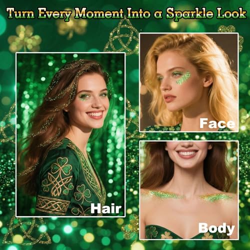 MEICOLY Green Face Body Glitter,St Patricks Day Chunky Hair Glitter for Women Kids,Self-Adhesive Holographic Green Accessories Irish Parade Makeup,Spirit Day Wear,Alien Costume,Festival Rave Outfits - color: green body glitter