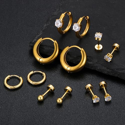 Silver Gold Plated Surgical Steel Flat Back Earrings for Women Hypoallergenic 14K Gold Plated Stud Huggie Earring Set Fashion Shell Cubic Zirconia Flatback Studs Cartilage Earrings Pack for Multiple Piercing 5/8Pairs - color: 6 Pairs Gold Plated Hoops Fla