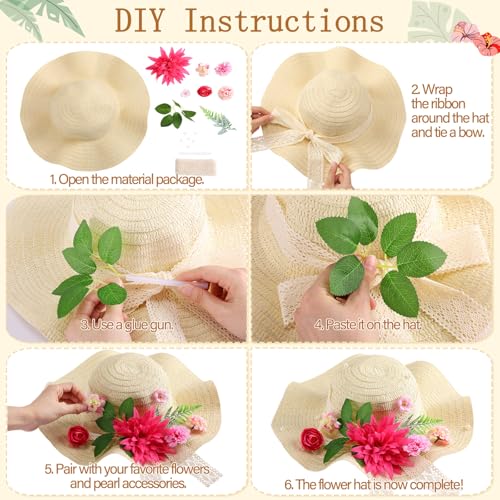 6 Sets DIY Tea Party Straw Hats Kit DIY Straw Hat for Women Blank Sun Hats - style: Vivid Flower