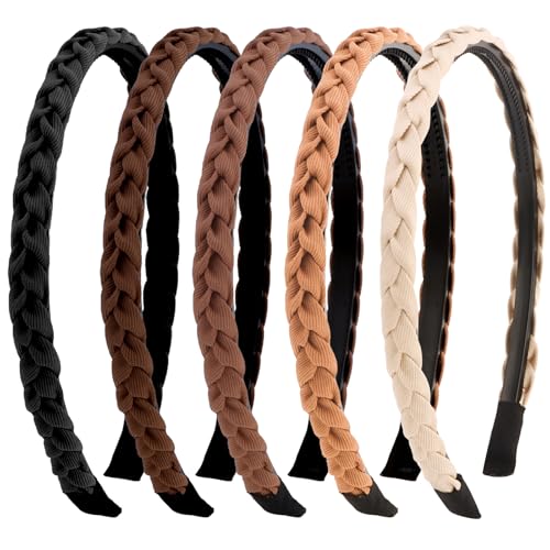 Aprince Braided Headbands for Women&Girls 5Pcs, Thin Headbands Non-slip, Braid Headband with Teeth, Comfortable Brown Hairband, Flexible Hairbands with Fabric, Skinny Boho Head Band, Neutral Color Set